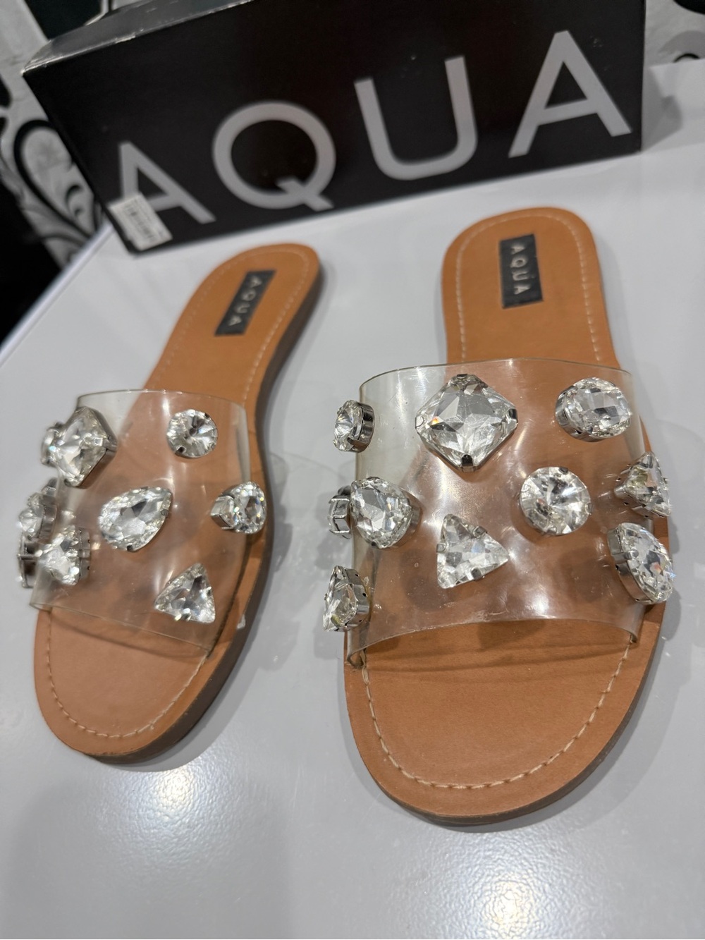 Aqua Clear Gem-Embellished Slide Sandals - Tan Footbed size 10 - Picture 2 of 12